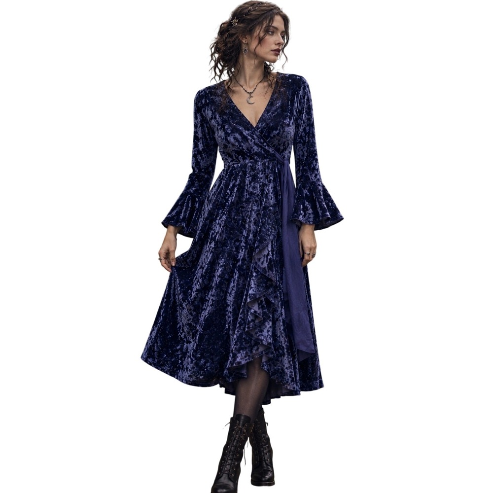 Spense Roylblubry Crushed Velvet Midi Dress 6 Whimsigoth Ruffle Flare Witchy NWT